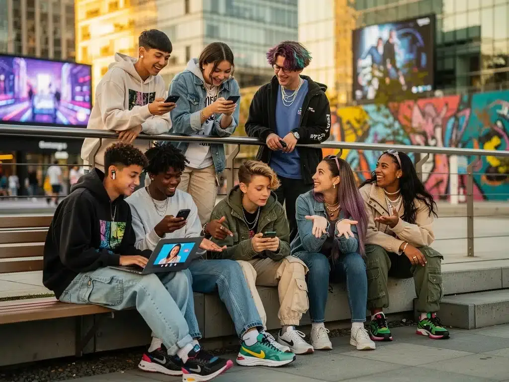 Gen Z teens interacting digitally and in person, reflecting complex social dynamics.