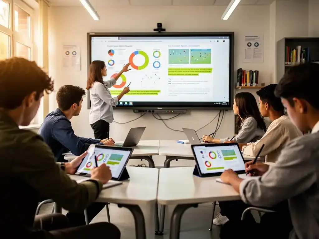 Teacher using interactive whiteboard, students engaged with digital devices in a blended learning environment.
