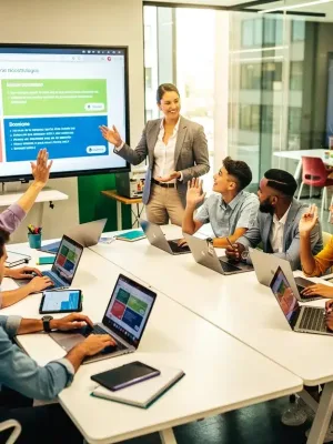 Gen Z students collaborating in a modern classroom, actively engaged with technology and each other.