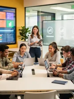 Gen Z students engaged in collaborative learning with technology in a modern classroom
