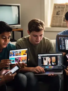 Gen Z individuals consuming digital media on various devices, contrasting with traditional media.