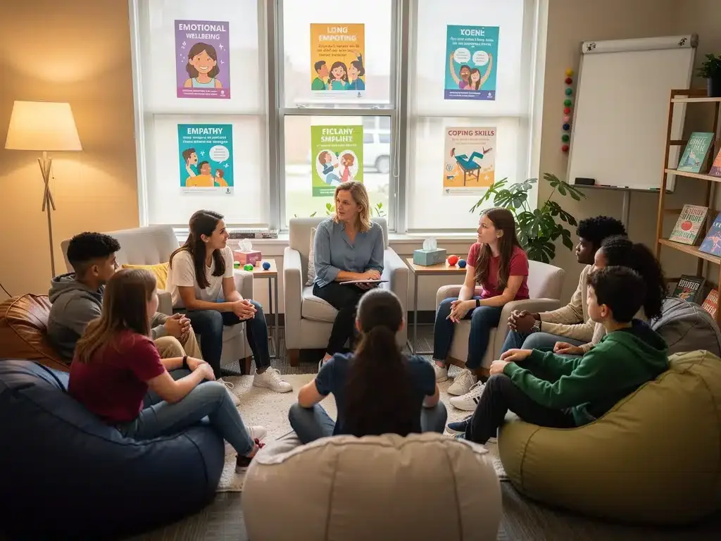 Students in a mental health support group with counselor
