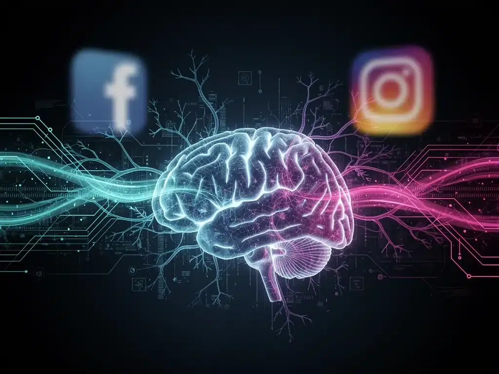 Brain graphic with digital network connections, symbolizing cognitive changes due to social media use in Gen Z.