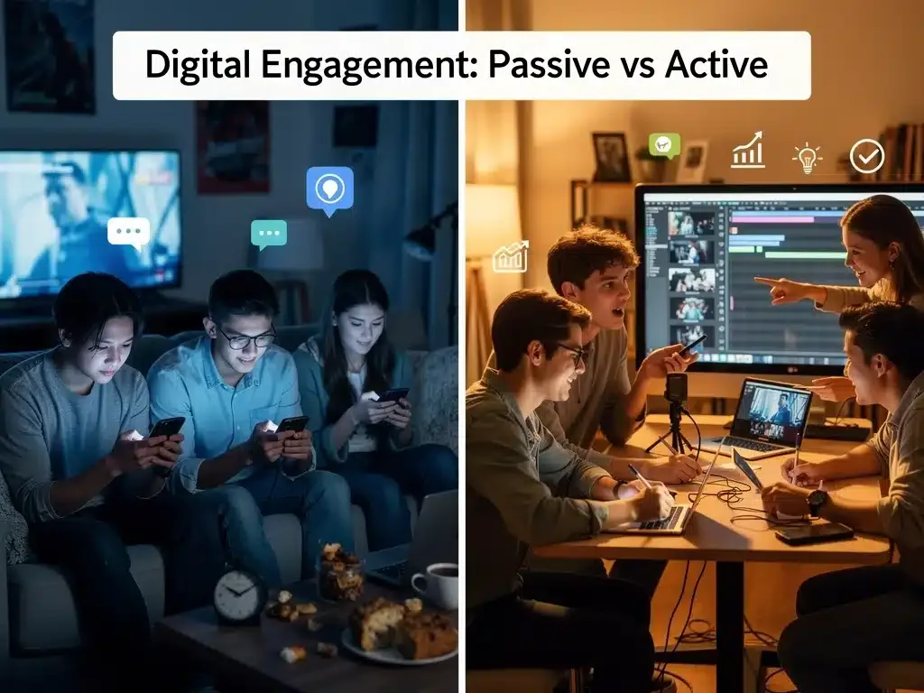 Comparison of Gen Z passive scrolling versus active content creation on social media, highlighting varying cognitive engagement.