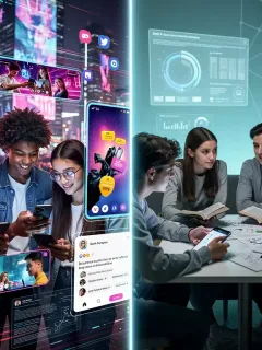 Gen Z teenagers interacting with social media, split screen showing fast-paced digital content versus focused engagement, representing cognitive development in 2026.
