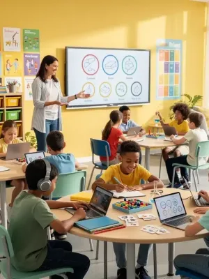 Diverse students engaged in an inclusive classroom with supportive teacher