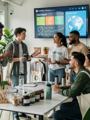 Gen Z consumers discussing ethical buying habits and sustainable products in a modern, eco-conscious setting.