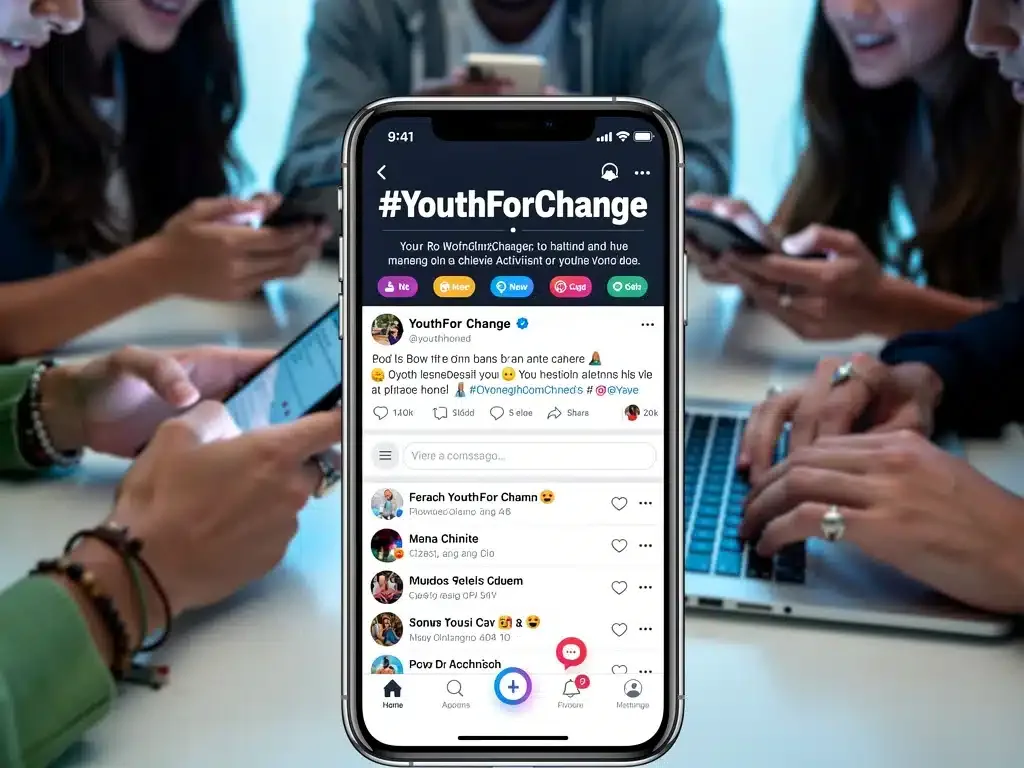 Smartphone displaying a trending social media hashtag for youth activism.