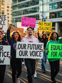 Gen Z activists marching for social change in a city street, holding protest signs.