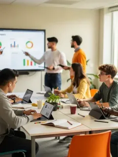Gen Z students collaborating in a modern classroom with technology