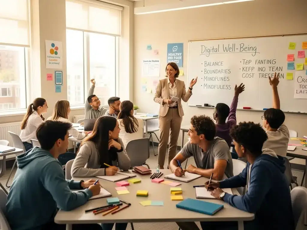 Educator leading digital well-being discussion with engaged Gen Z students