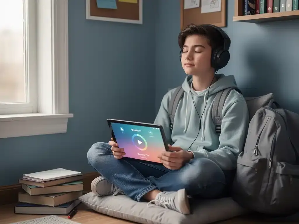 Gen Z student practicing mindfulness with a digital meditation app