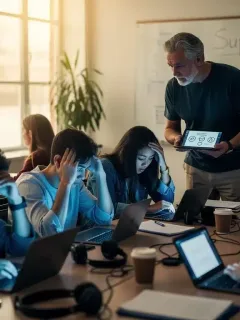 Gen Z students experiencing digital stress in a classroom, with an empathetic educator