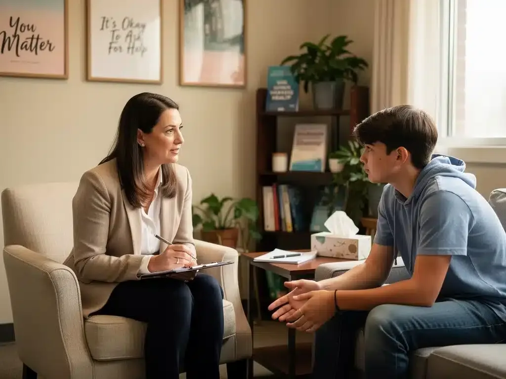 School counselor providing supportive guidance to a Gen Z student