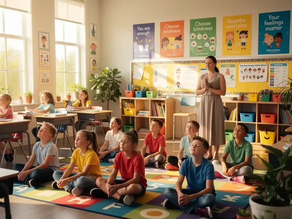 Gen Z students practicing mindfulness in a classroom setting