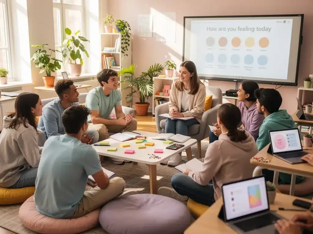 Gen Z students participating in a school mental wellness program, appearing calm and connected