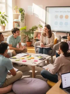 Gen Z students participating in a school mental wellness program, appearing calm and connected