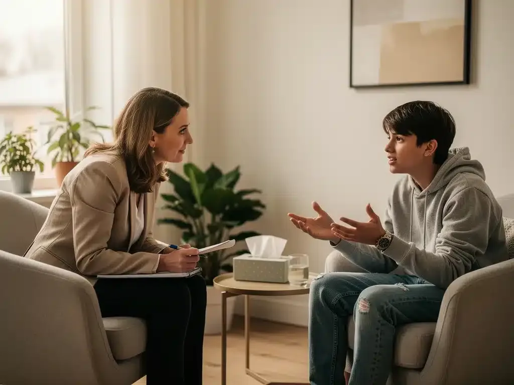 Child psychologist supporting Gen Z teenager's emotional health