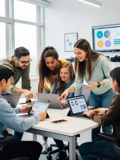 Gen Z students collaboratively learning with digital devices in a modern classroom.