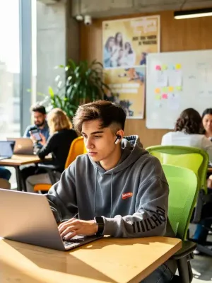 Gen Z professional working flexibly in a modern co-working space