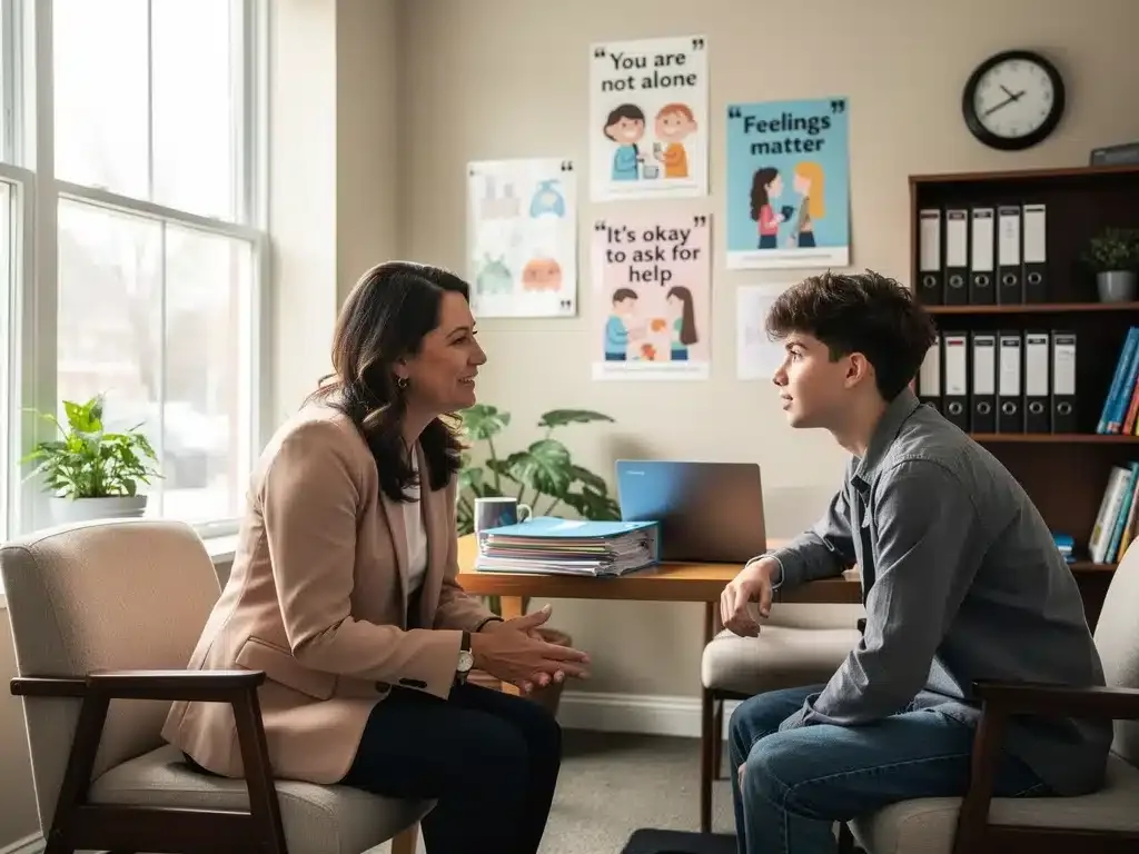School counselor providing mental health support to a Gen Z student