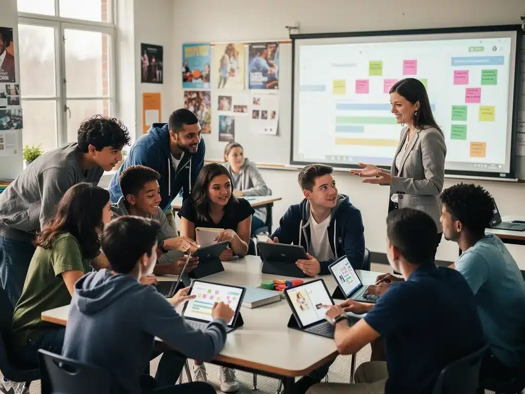Gen Z students collaborating in an inclusive classroom with technology