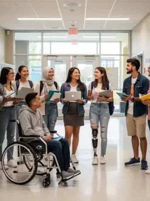 Diverse Gen Z students in an inclusive US school hallway