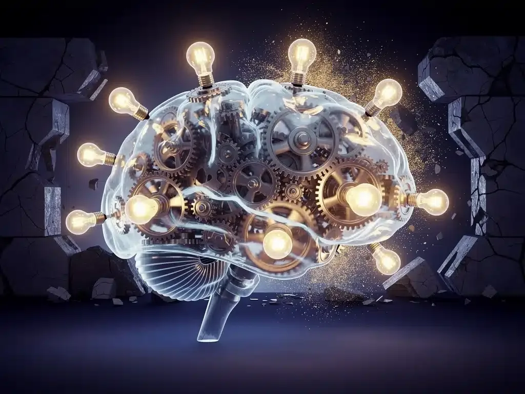 Brain with gears and light bulbs symbolizing cognitive growth and adaptability.