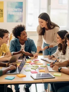 Gen Z students collaborating in a classroom with a supportive teacher, fostering growth mindsets.