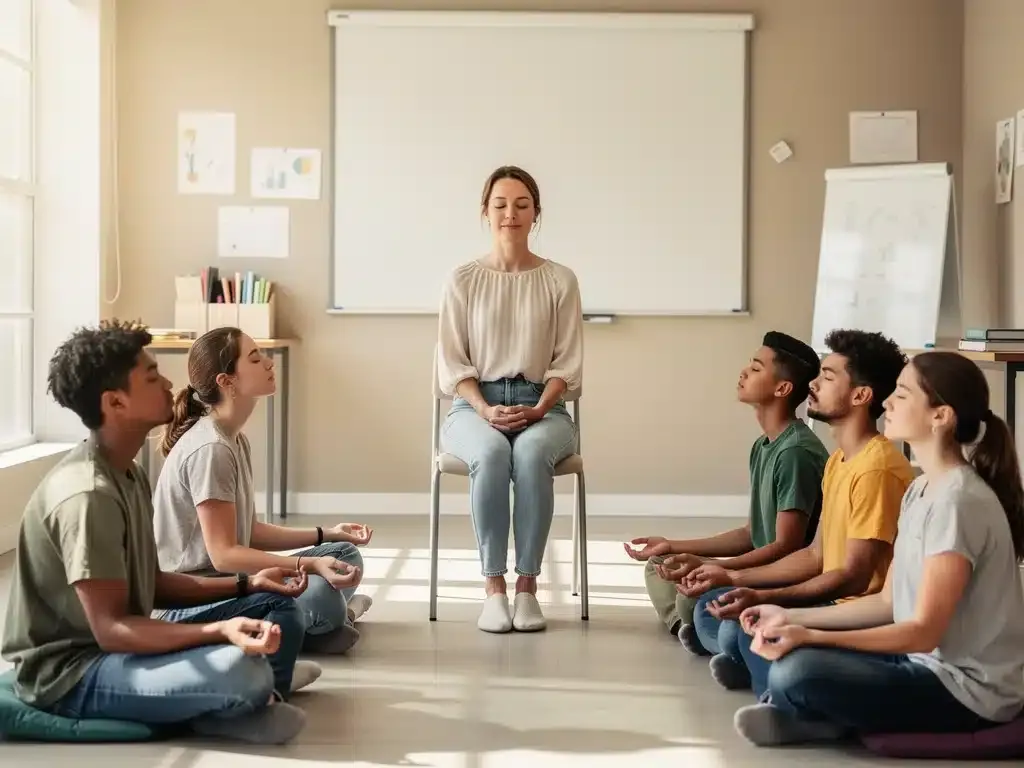 Gen Z students practicing mindfulness in a classroom setting