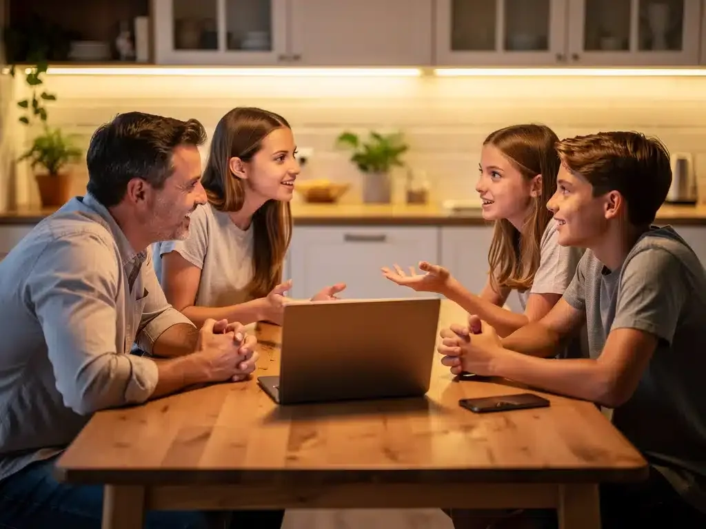 Family discussion about online safety and digital boundaries