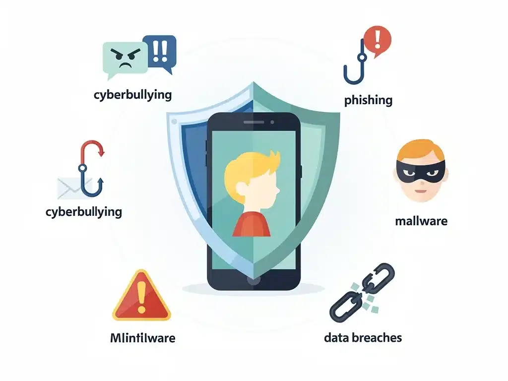 Digital shield protecting child from online threats, cybersecurity concept