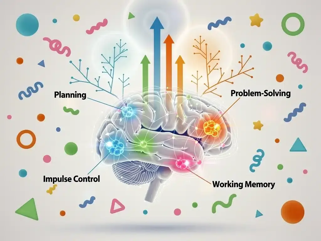 Diagram showing improved executive functions like planning and impulse control.
