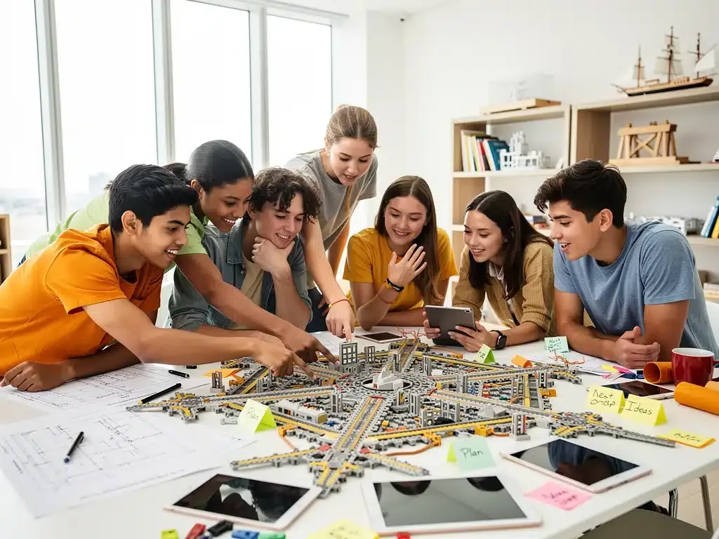 Gen Z students collaboratively solving a complex problem in a recreational setting.