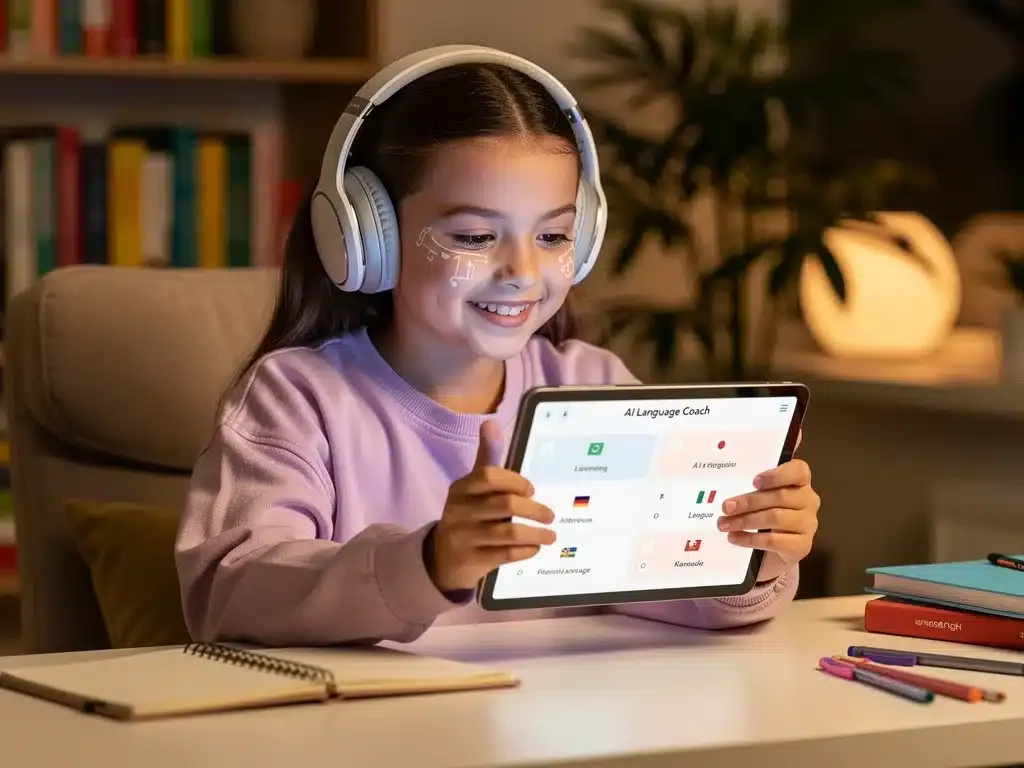 Young girl learning with AI language app, personalized education
