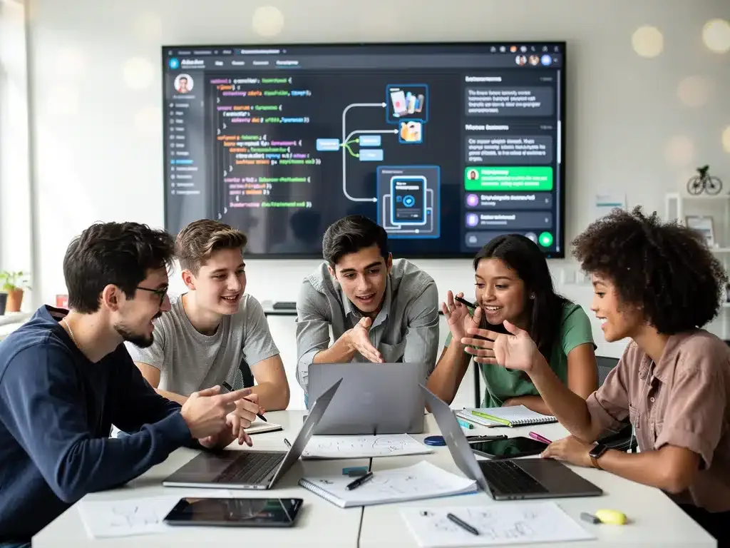 Teenagers collaborating with AI assistant on a creative project