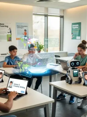 Gen Z students interacting with AI tools in a classroom, symbolizing future education