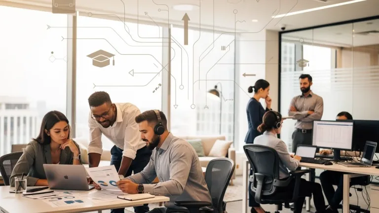Young professionals navigating career choices in a contemporary office environment, reflecting quiet ambition.