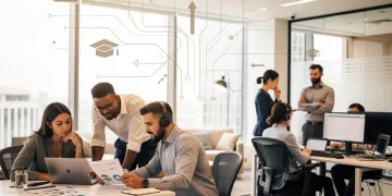 Young professionals navigating career choices in a contemporary office environment, reflecting quiet ambition.