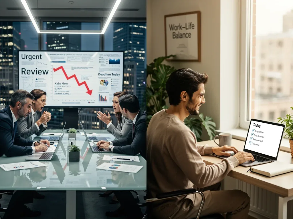 Contrast between high-stress corporate environment and calm, flexible work setting.