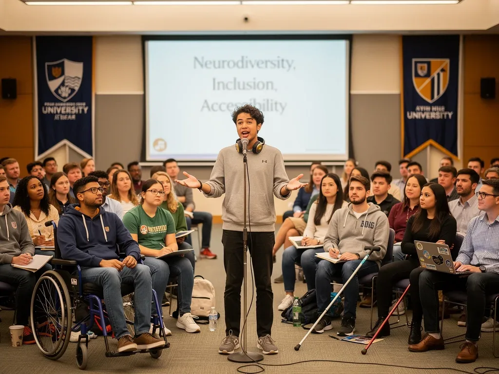 Student speaking at university town hall on neurodiversity