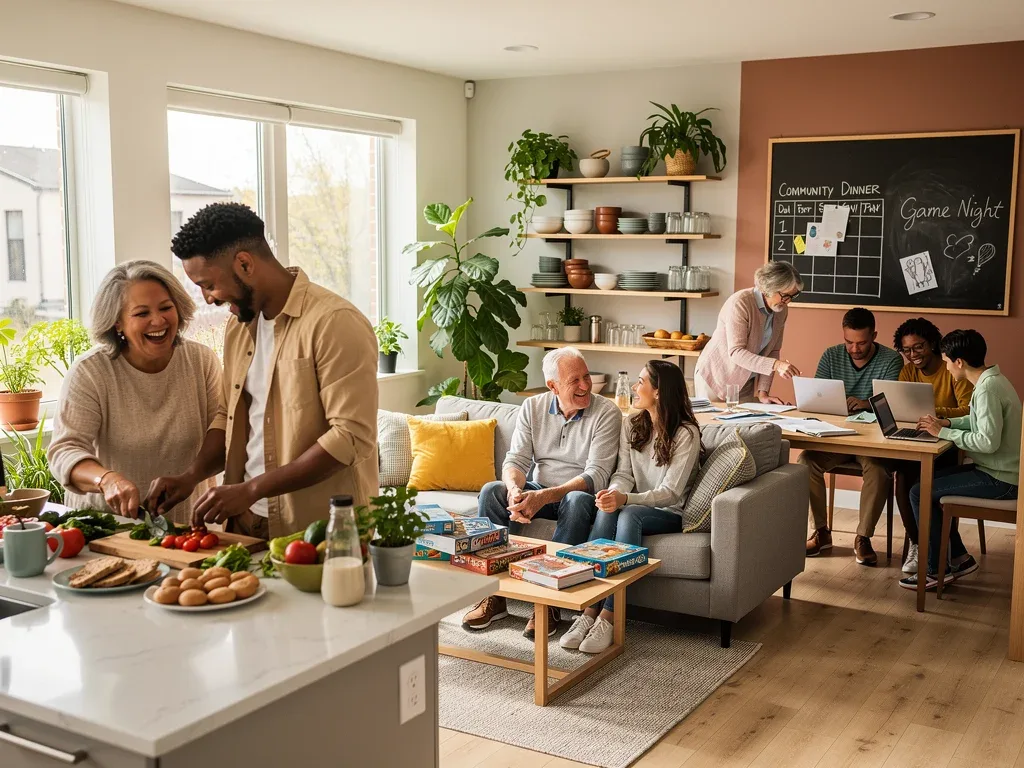 Gen Z and older adults in a modern intergenerational co-living space, fostering community.