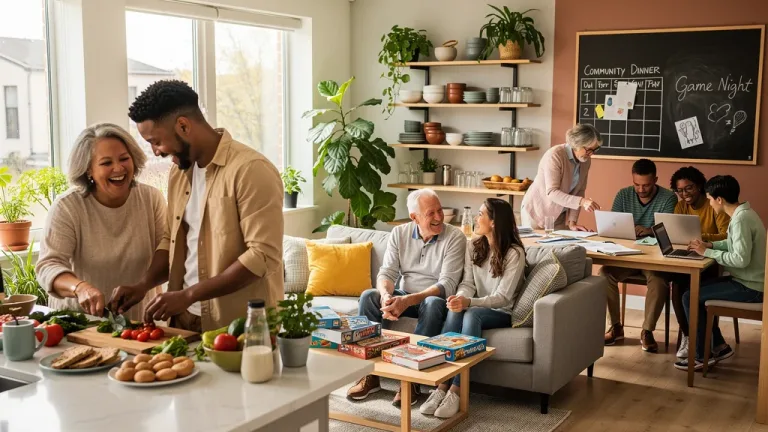 Gen Z and older adults in a modern intergenerational co-living space, fostering community.