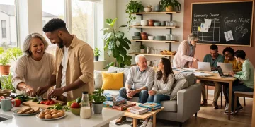 Gen Z and older adults in a modern intergenerational co-living space, fostering community.