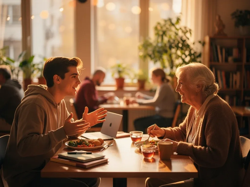 Gen Z student and older adult sharing a meal in a co-living community.