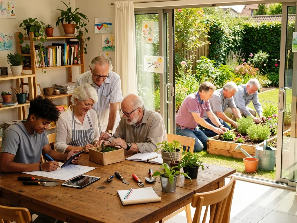 Gen Z and seniors collaborating on a project in a co-living community.