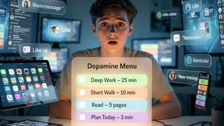 Zoomer struggling with executive dysfunction, surrounded by distractions, contemplating a structured dopamine menu for focus.