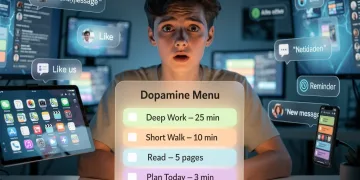 Zoomer struggling with executive dysfunction, surrounded by distractions, contemplating a structured dopamine menu for focus.