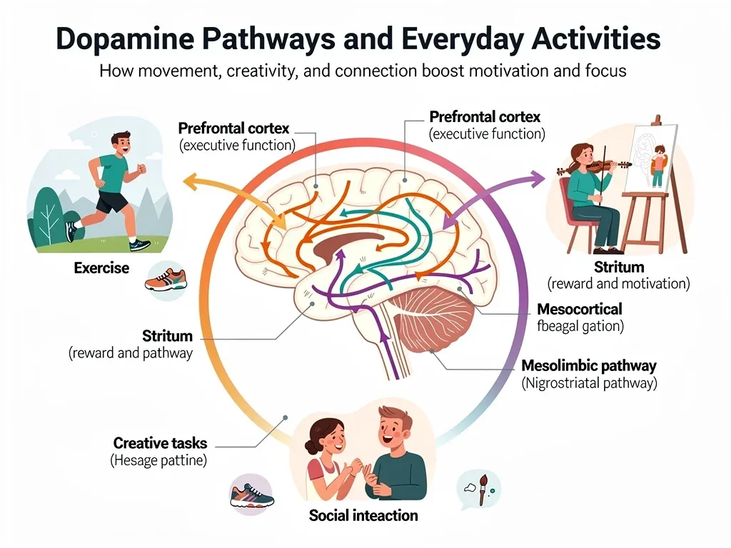Brain diagram showing dopamine pathways and activities that boost focus and executive function.