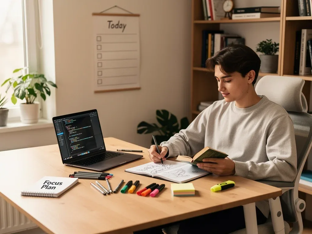 Gen Z individual focused on a task, demonstrating improved executive function through structured routine.